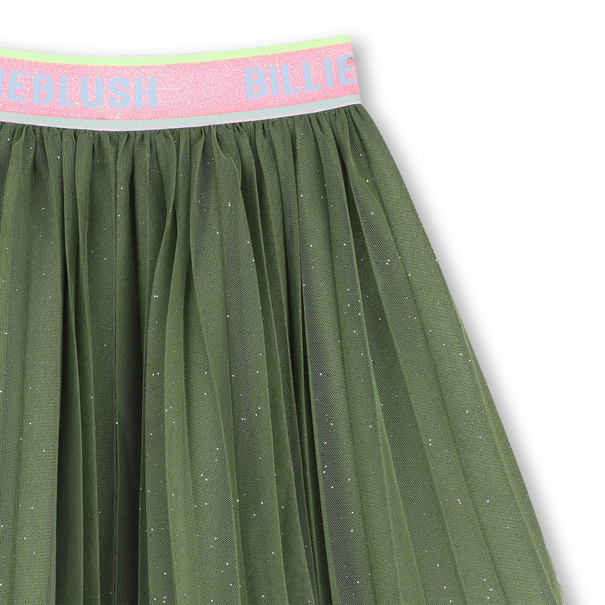 Close-up of Billieblush moss green tulle skirt showing layered mesh and pink Billieblush waistband