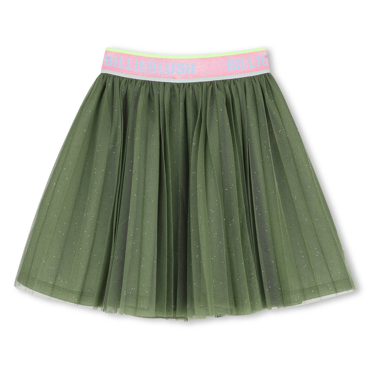 Billieblush girls moss green tulle skirt with pink logo waistband – front view