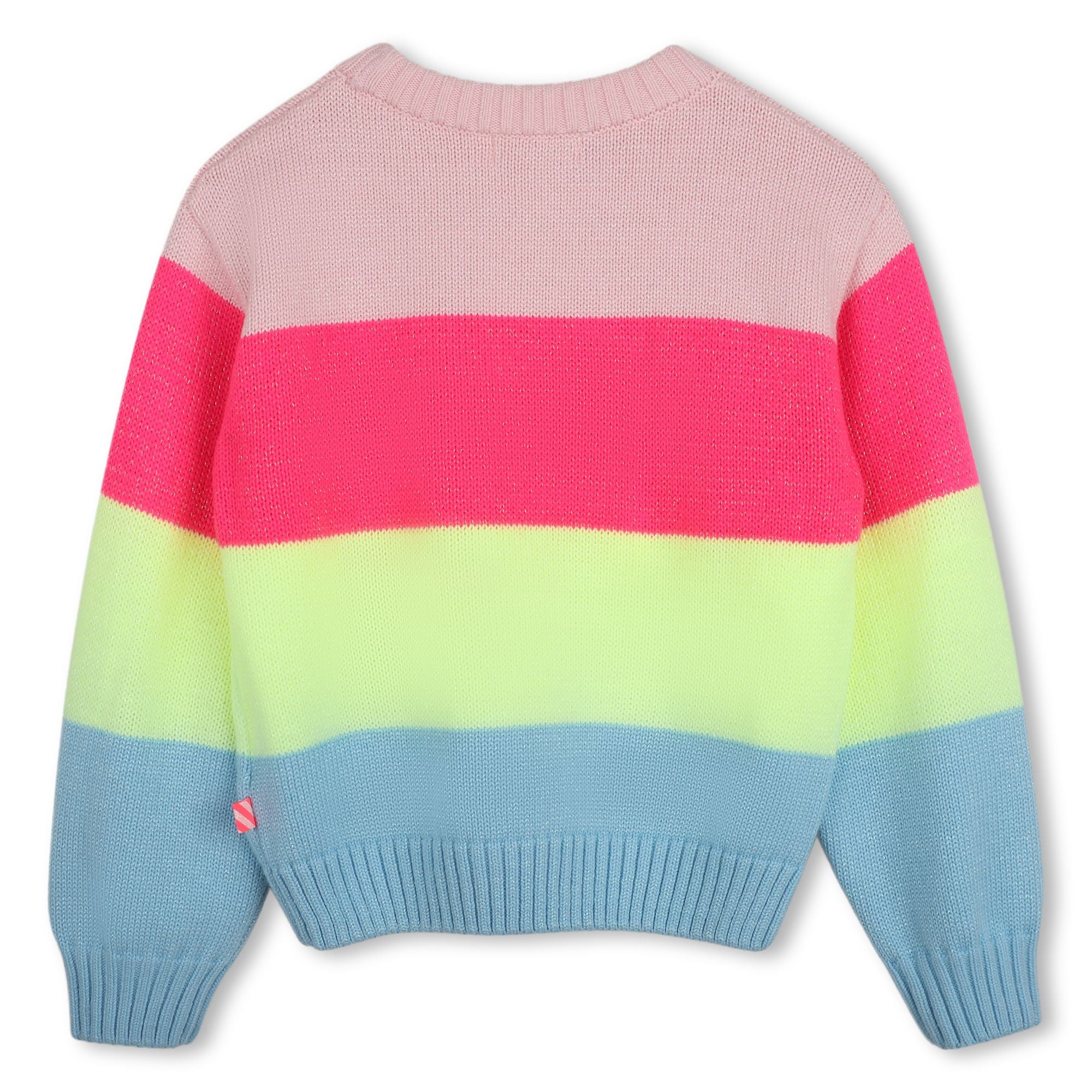 Back view of Billieblush girls pink green and blue striped knitted jumper