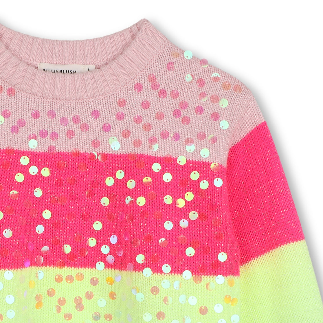 Close-up of Billieblush girls sequin jumper showing colourful stripes and shimmering embellishments