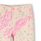 Close-up of Billieblush girls printed trousers showing pink button, pockets and animal print