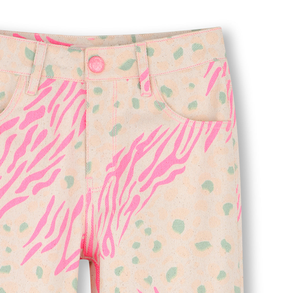 Close-up of Billieblush girls printed trousers showing pink button, pockets and animal print