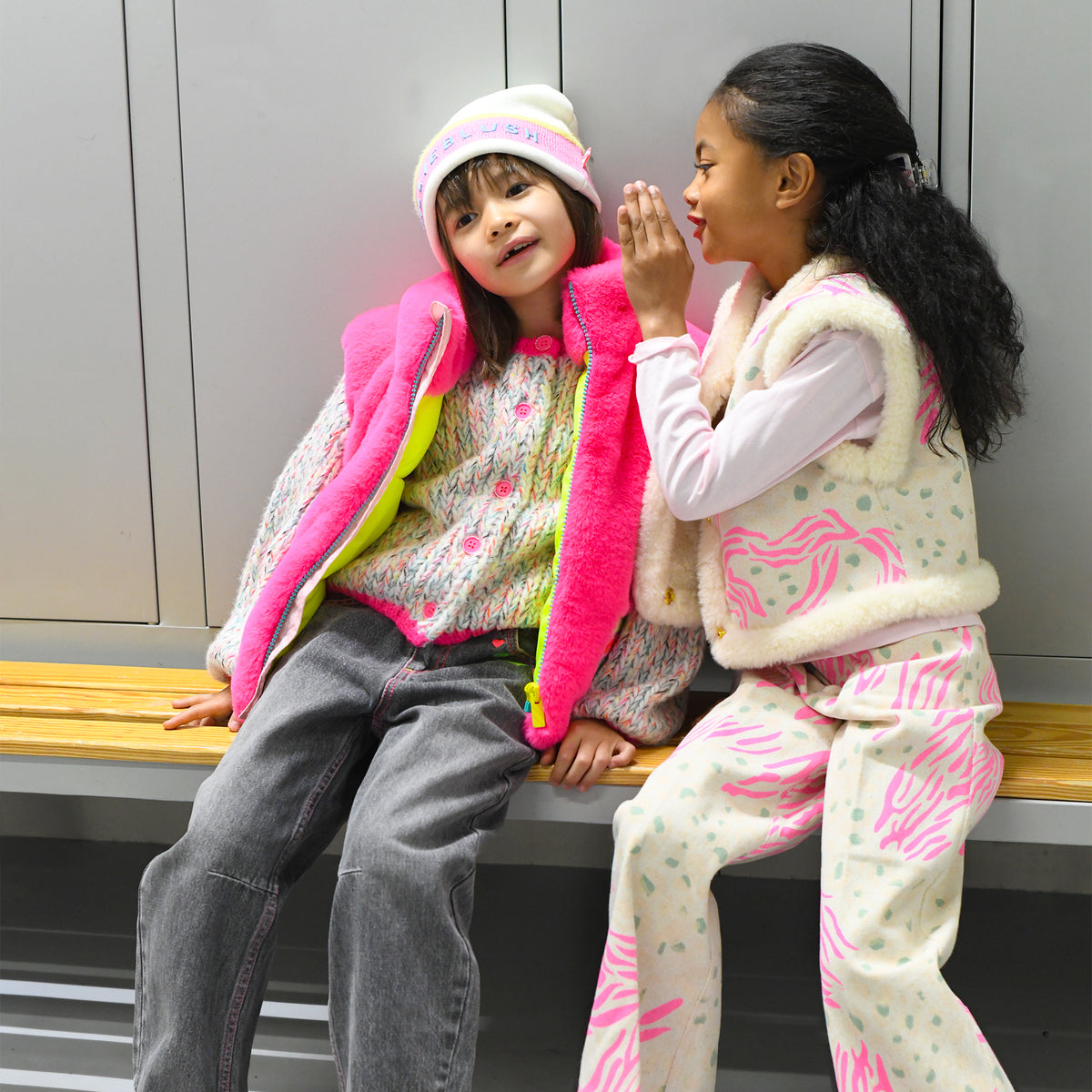 Billieblush girls pink printed wide leg trousers styled with a white cardigan