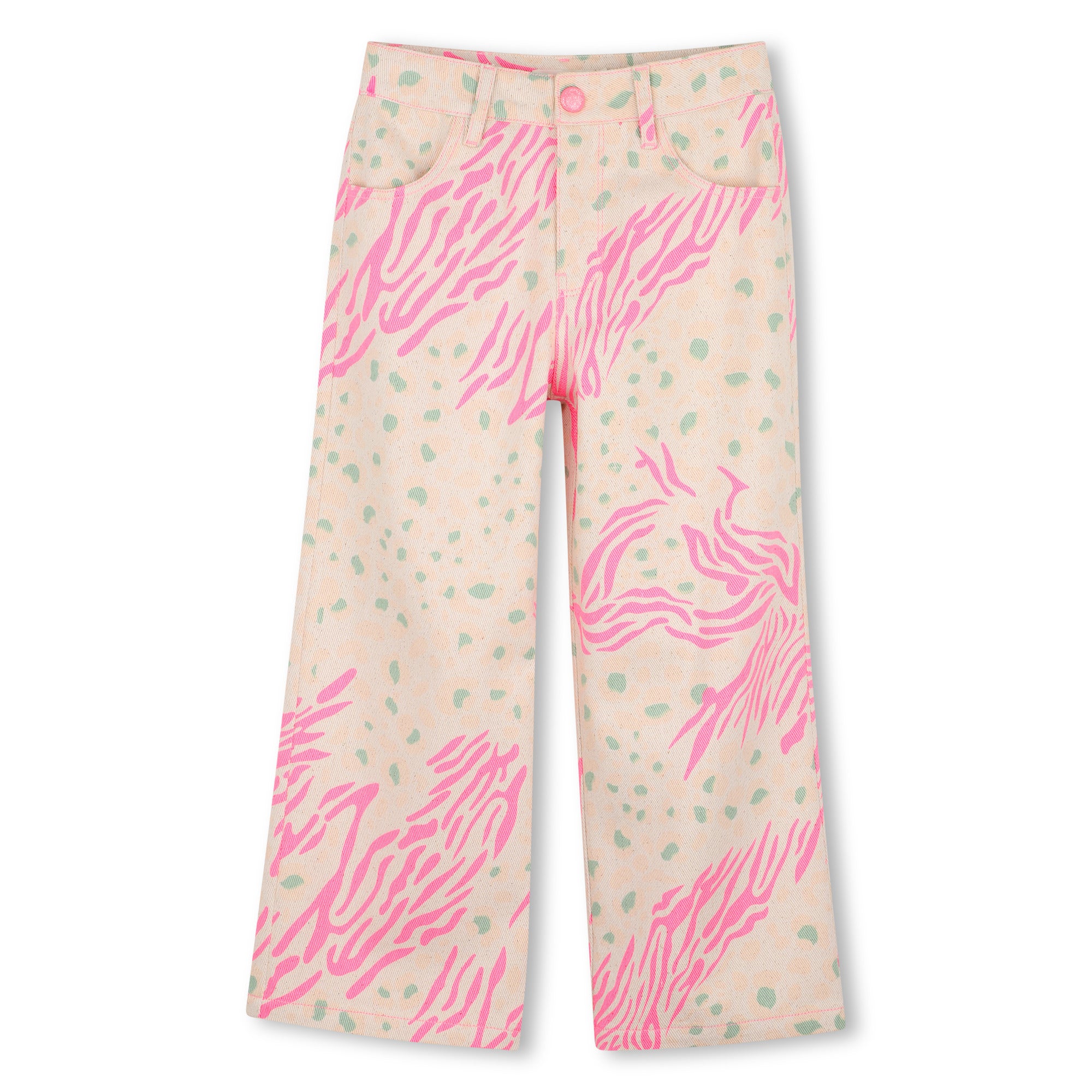 Billieblush girls pink animal print wide leg cotton trousers front view