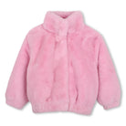 Front view of Billieblush girls pale pink fluffy coat with high collar
