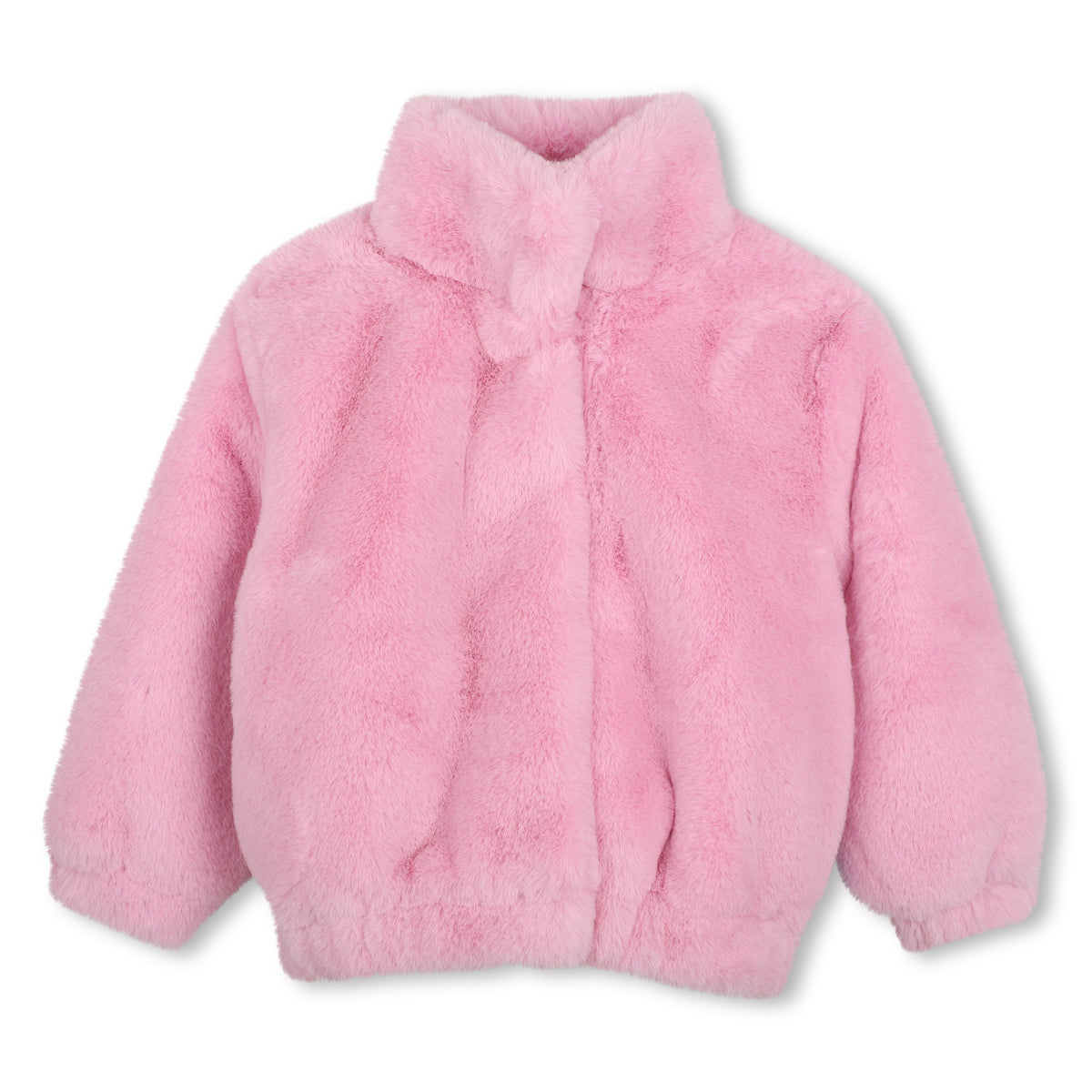 Front view of Billieblush girls pale pink fluffy coat with high collar