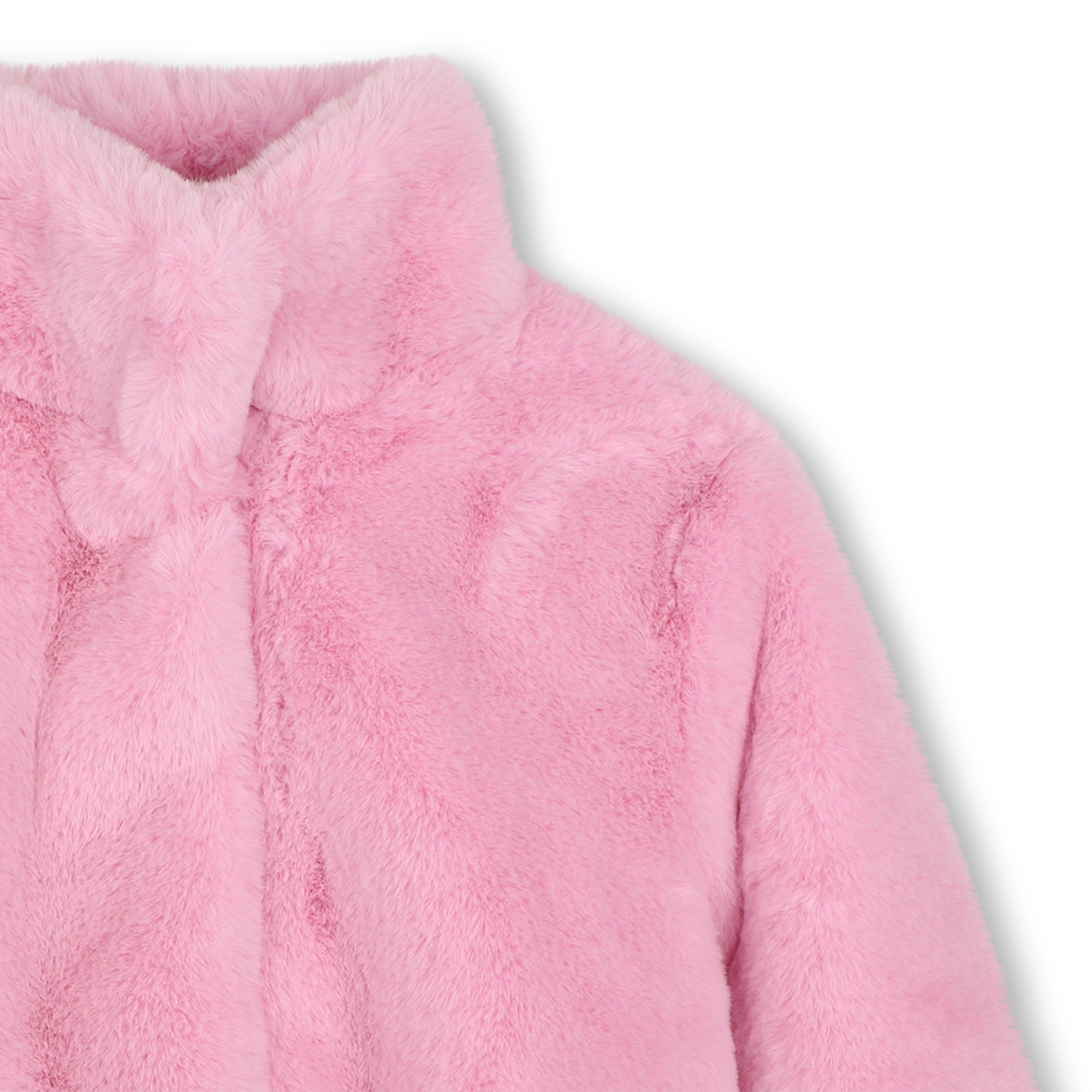 Close-up of Billieblush girls pink plush coat showing soft texture and collar