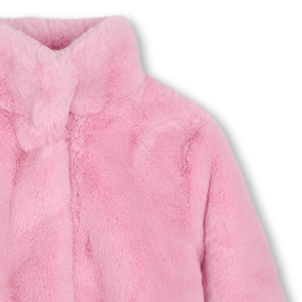 Close-up of Billieblush girls pink plush coat showing soft texture and collar