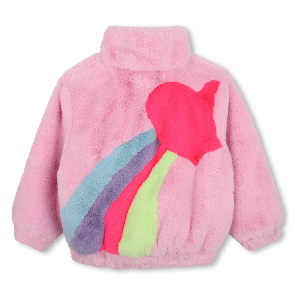 Billieblush girls pink fluffy coat with colourful rainbow shooting star design on back