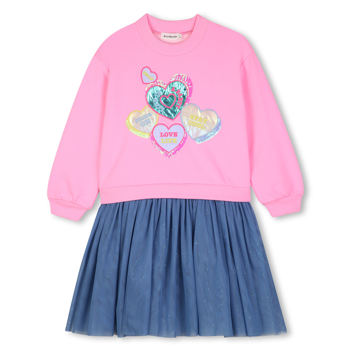 Billieblush girls pink heart print 2-in-1 cotton dress with blue pleated skirt, front view