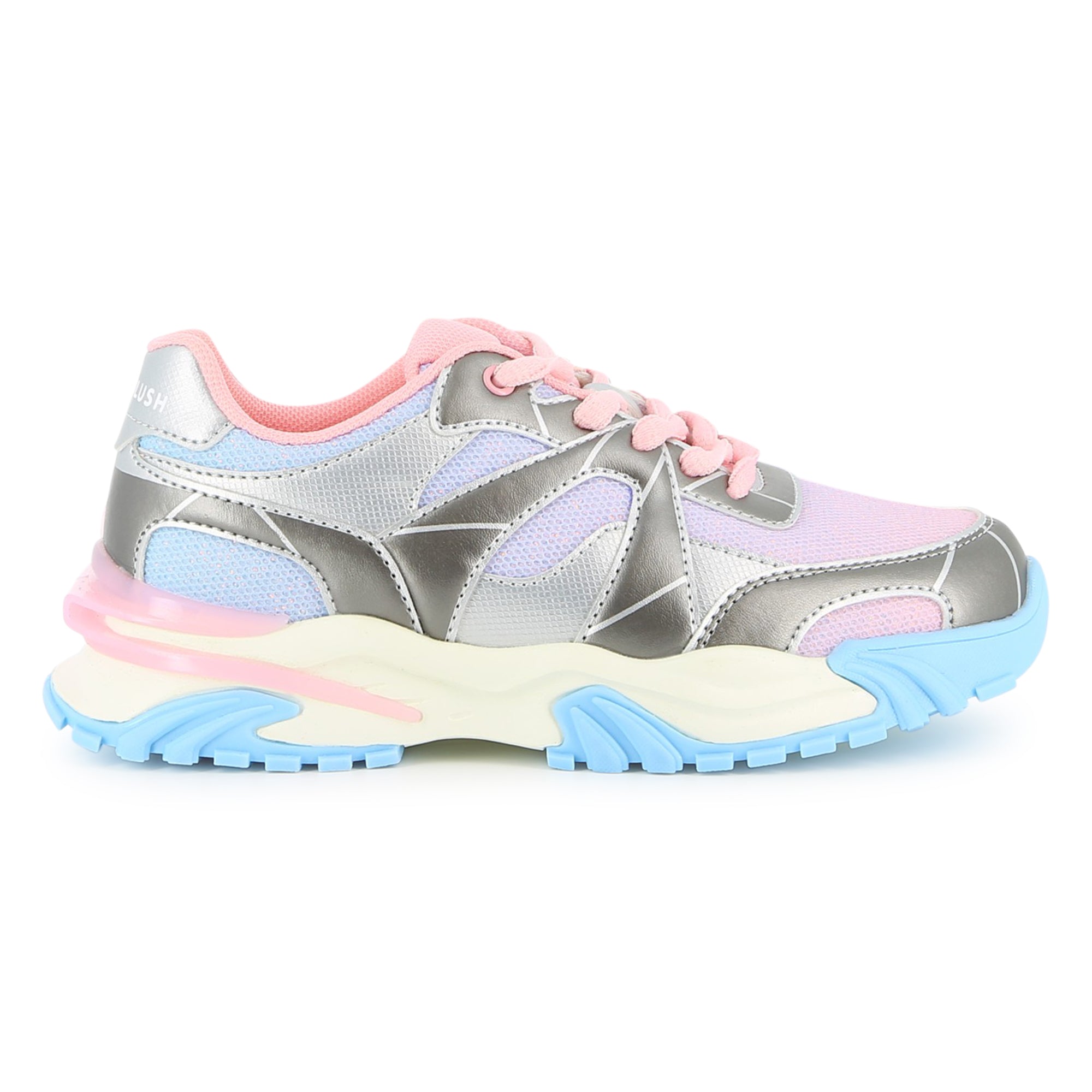 Billieblush girls silver and pastel pink trainers side view with chunky blue sole