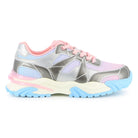Billieblush girls silver and pastel pink trainers side view with chunky blue sole
