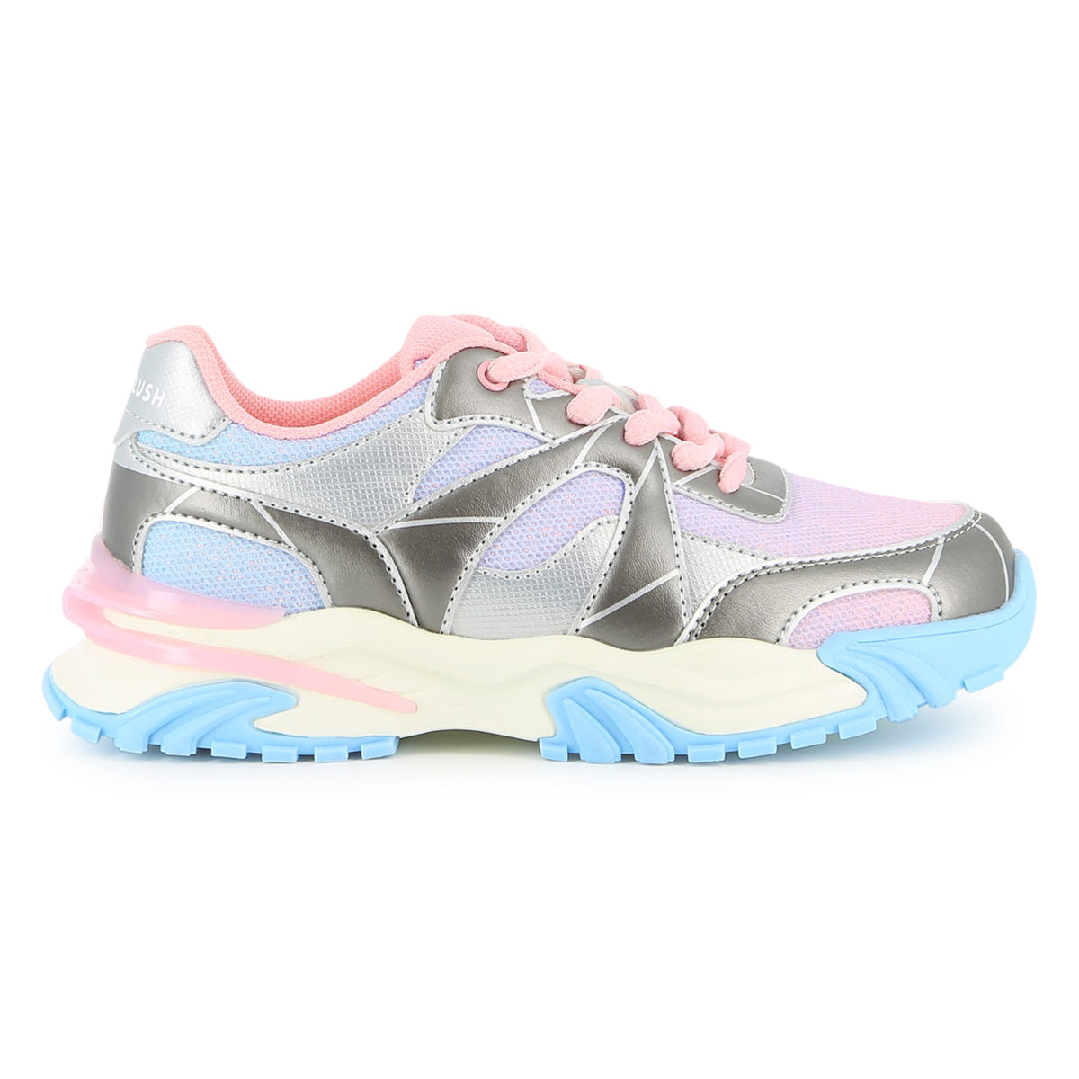 Billieblush girls silver and pastel pink trainers side view with chunky blue sole