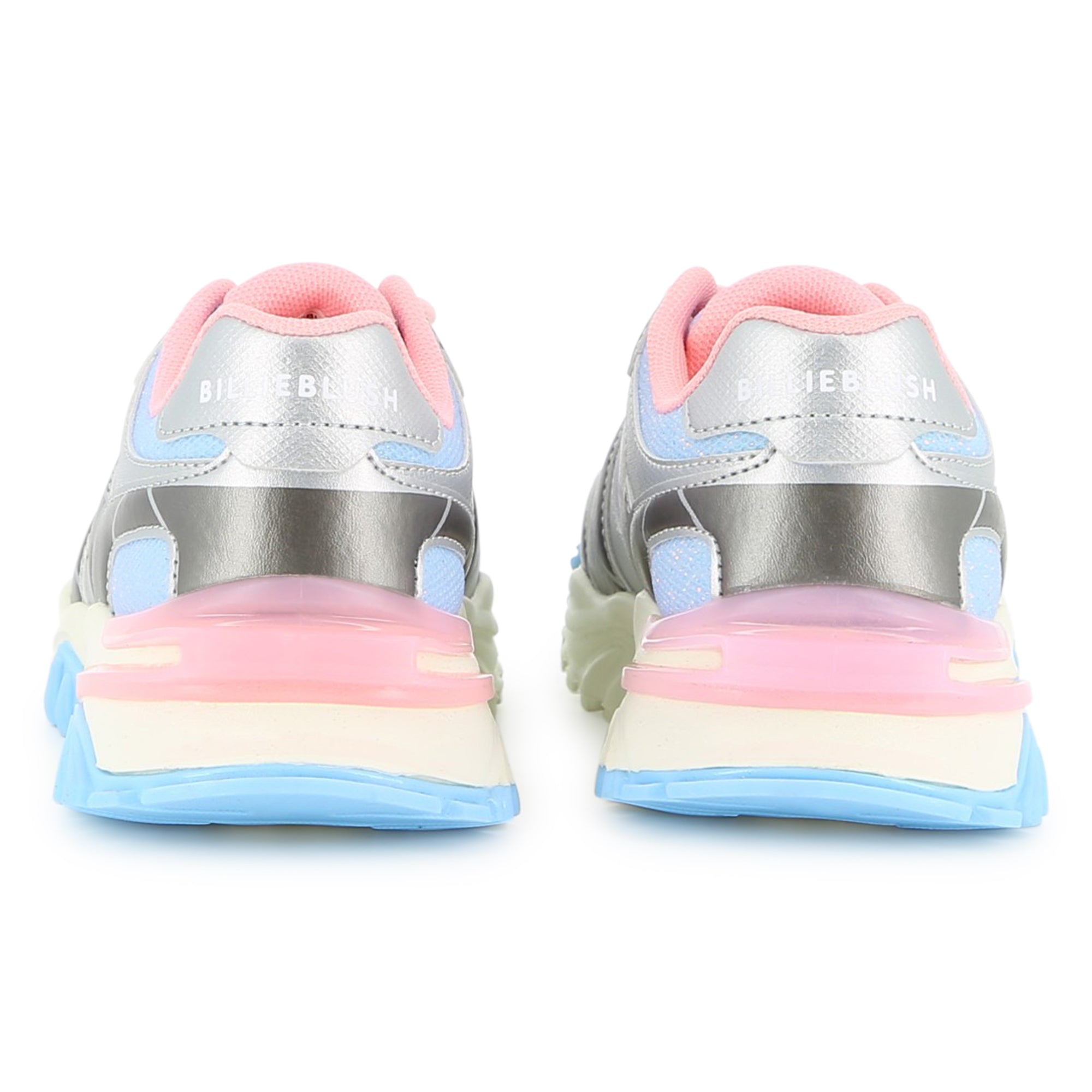 Billieblush girls metallic trainers rear view showing pink heel and blue sole