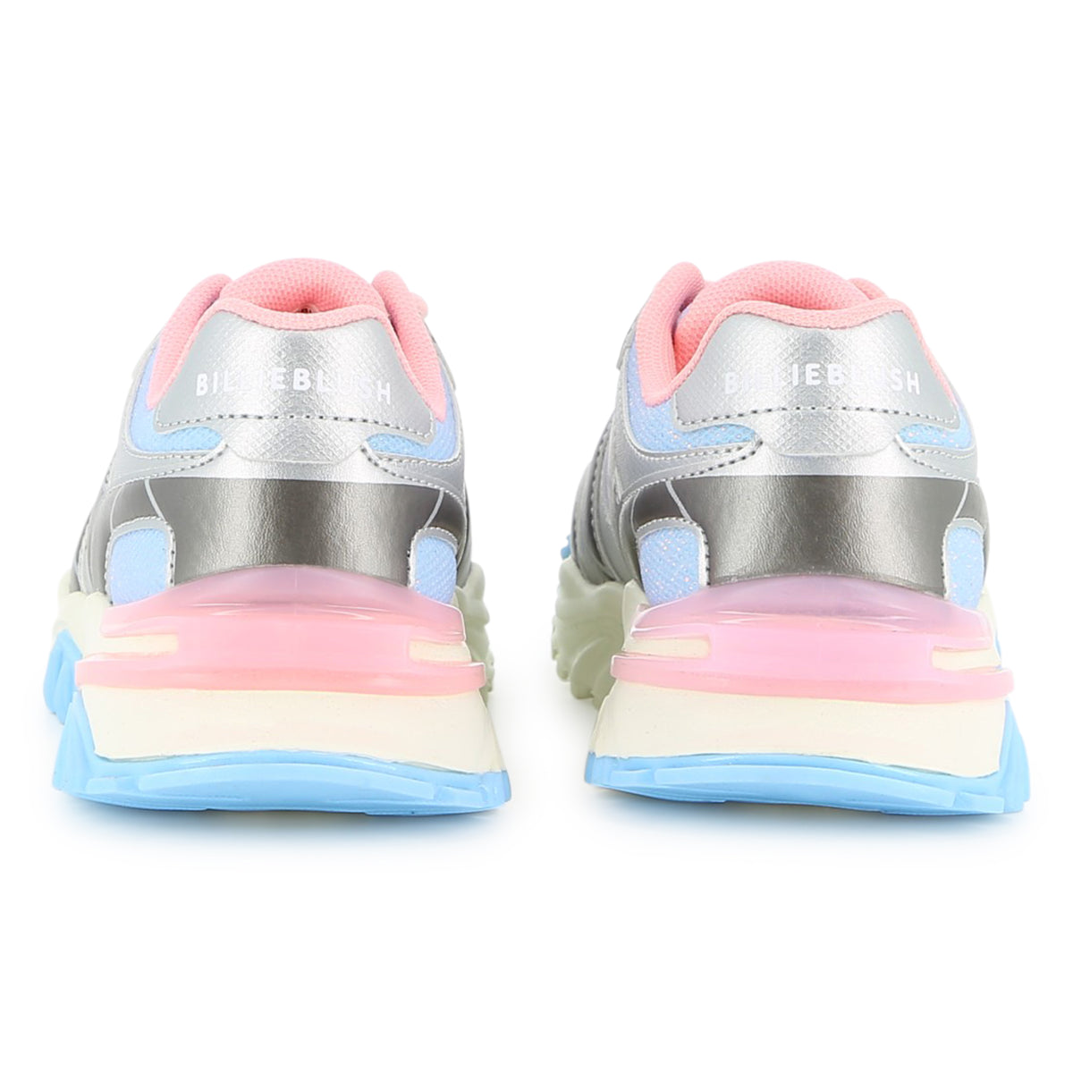 Billieblush girls metallic trainers rear view showing pink heel and blue sole