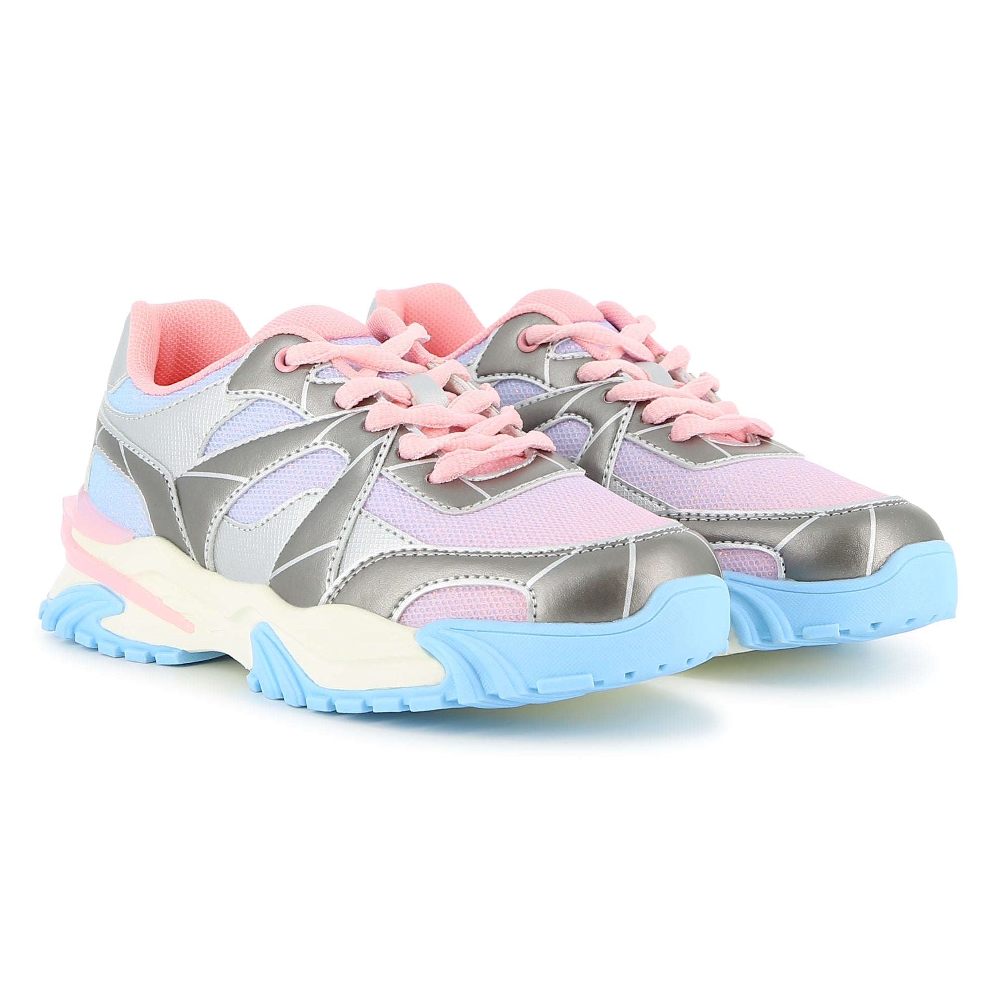 Billieblush girls silver metallic chunky trainers with pink and blue details front angle