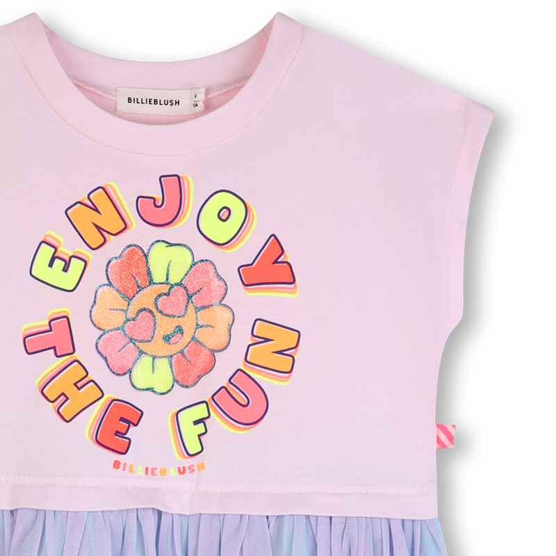Billieblush girls pink dress enjoy the fun slogan flower detail close up