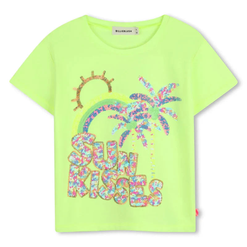 Billieblush girls lime green palm print sequin t-shirt front