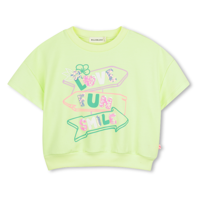 Billieblush girls lime short sleeve sweatshirt glitter love fun smile motif front