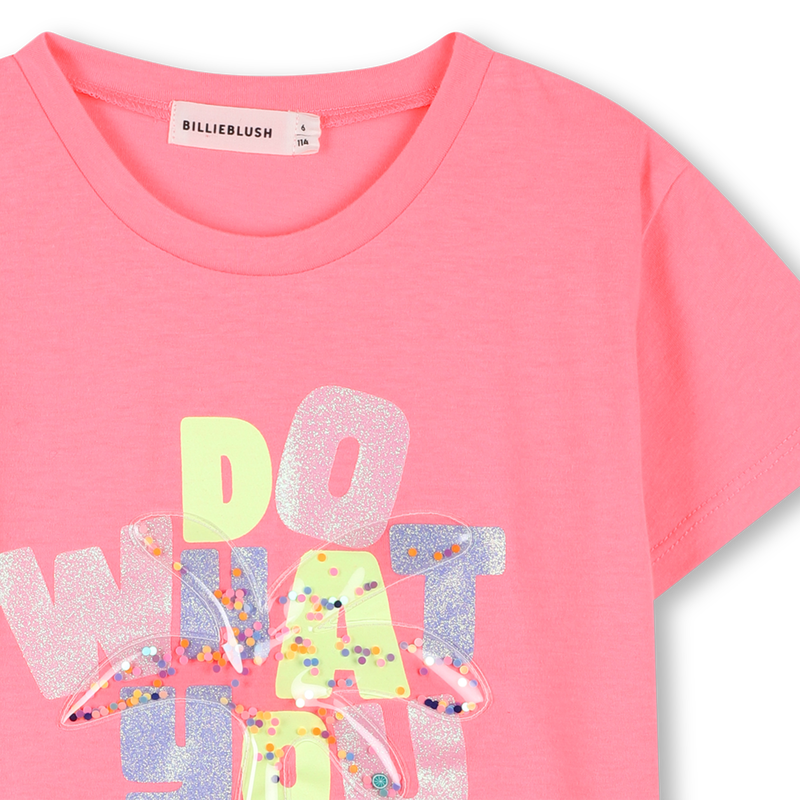 Billieblush girls pink t-shirt glitter sequin lettering close up detail