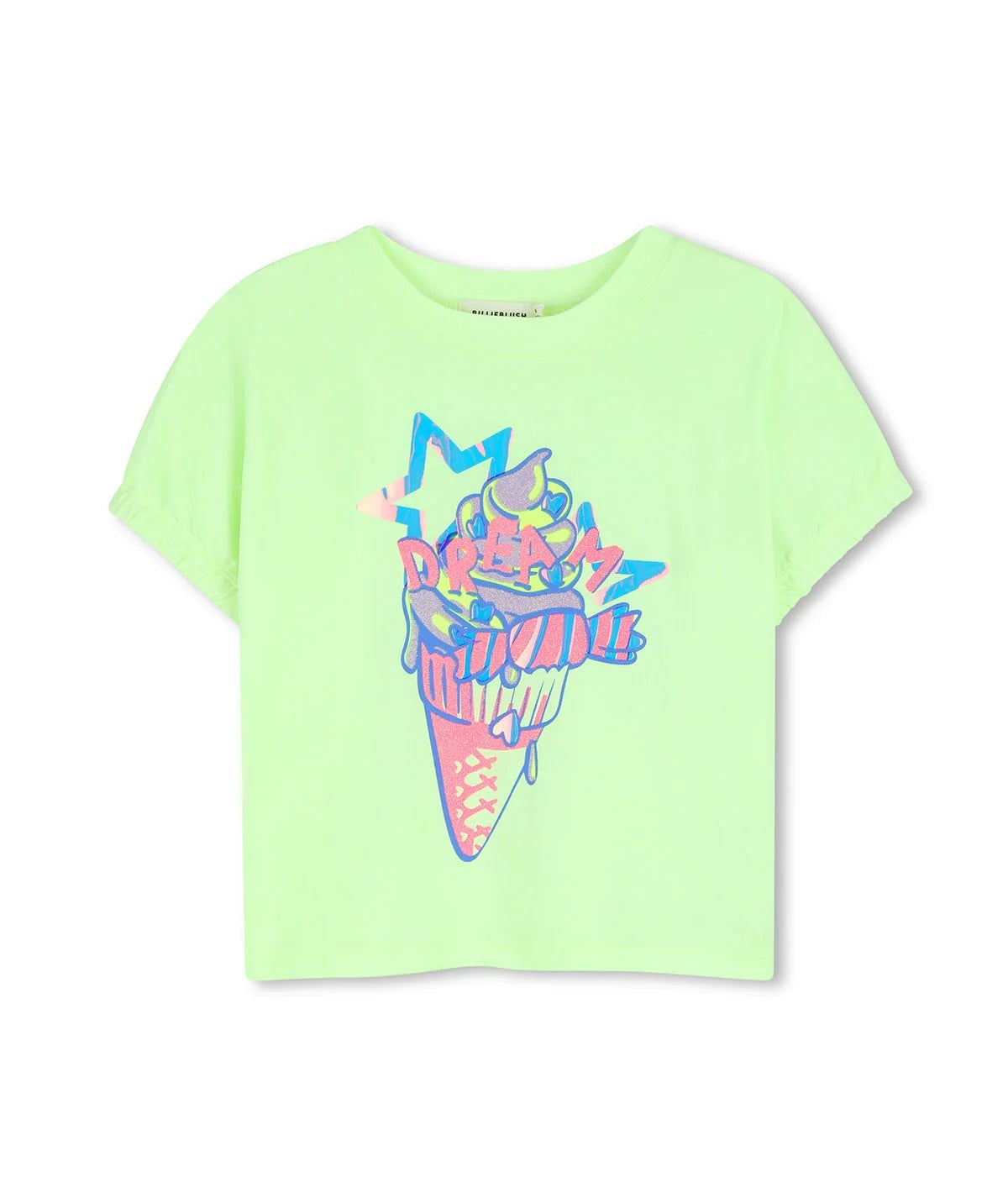 Billieblush girls neon green ice cream print t-shirt front view short sleeve
