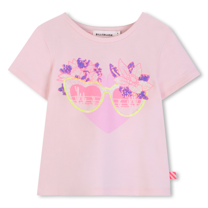 Billieblush girls pink sunglasses motif t-shirt glitter heart design front