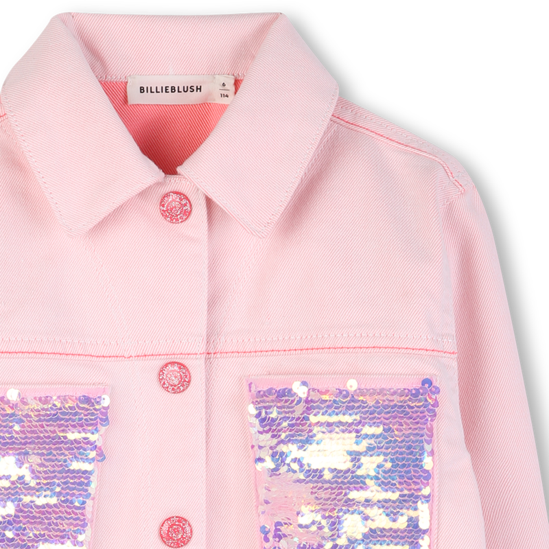 Billieblush girls pink denim jacket sequin pocket detail close up