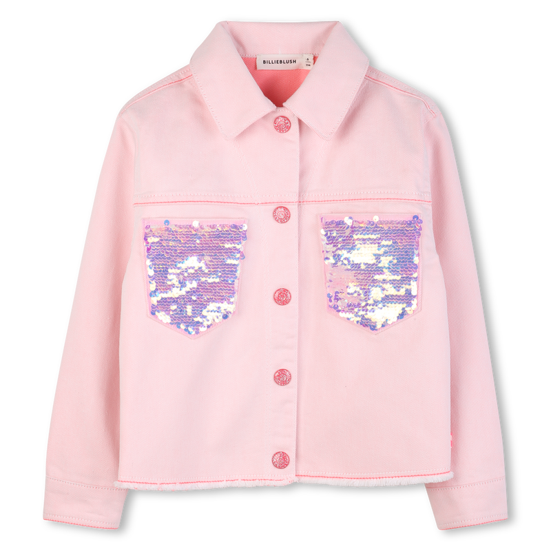 Billieblush girls pink denim jacket sequin pockets front view