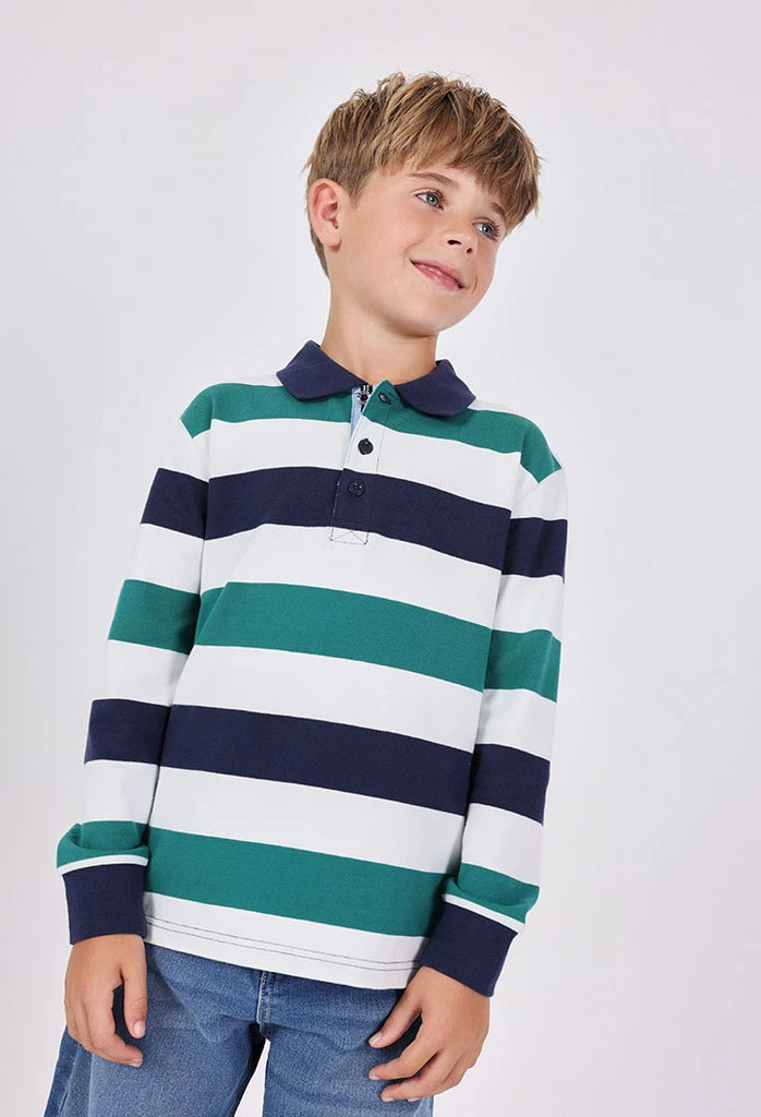 Boboli Free Spirit striped cotton polo top for boys in green, navy, and white