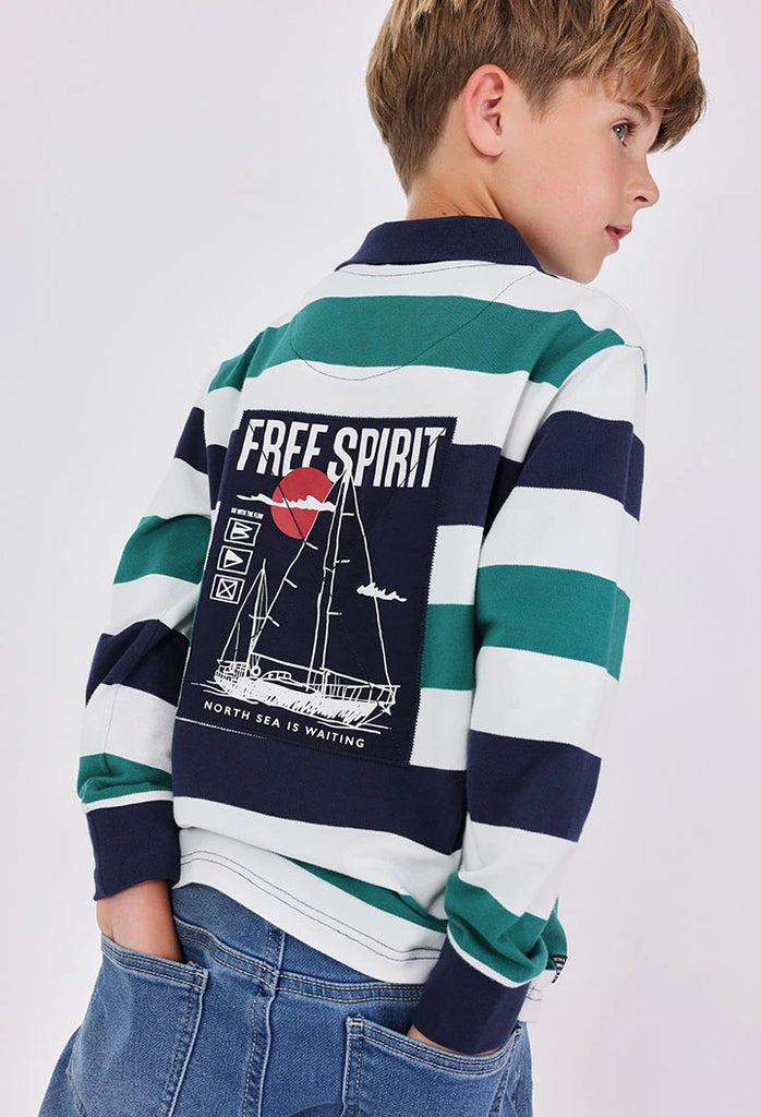 Back view of Boboli boys’ striped cotton polo top with Free Spirit sailboat print