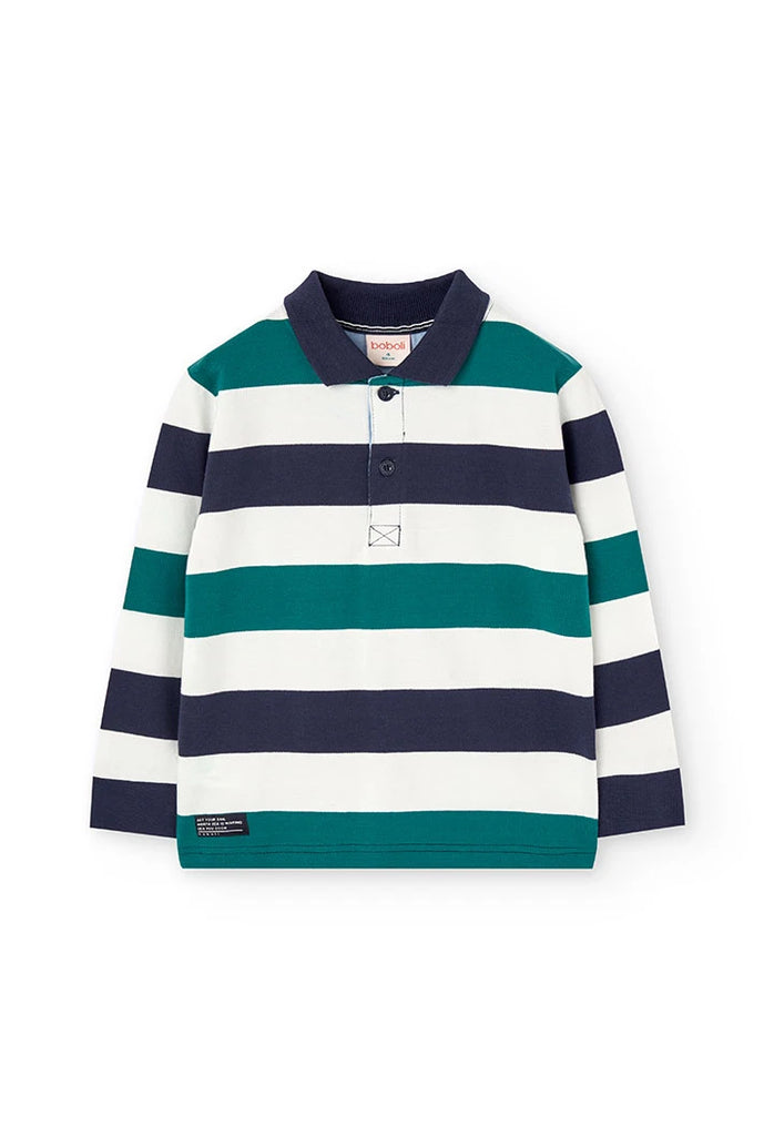 Boboli boys’ striped long-sleeve polo top laid flat in green, navy, and white