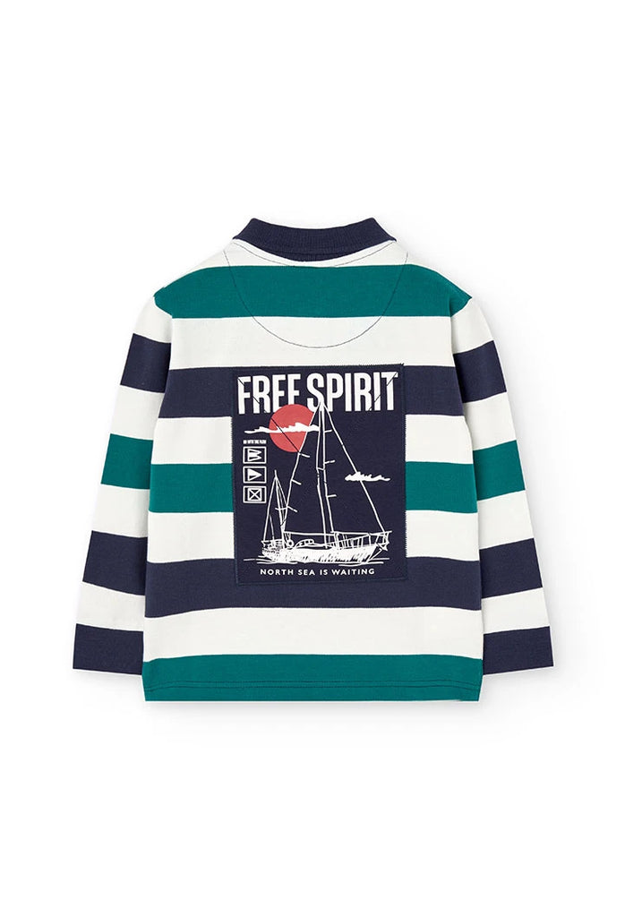 Boboli boys’ striped cotton polo top with Free Spirit sailboat print - back view 