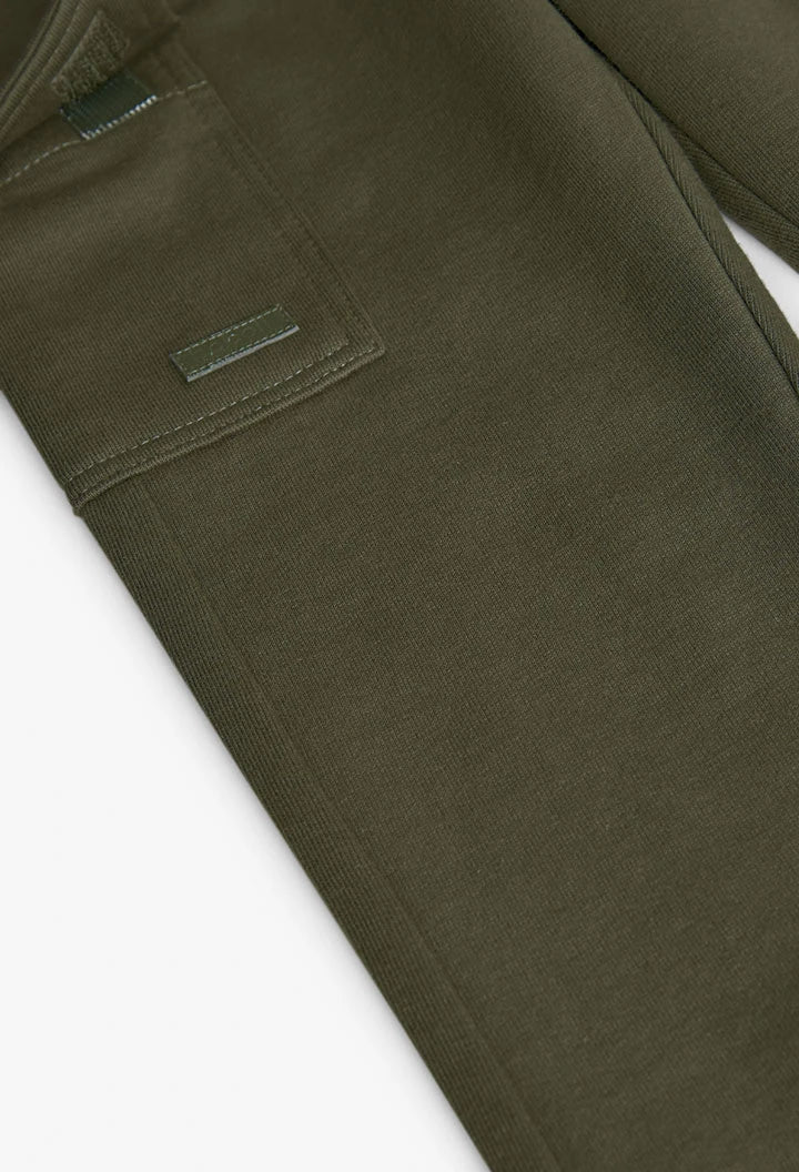Side pocket detail on Boboli boys’ khaki cotton fleece cargo trousers