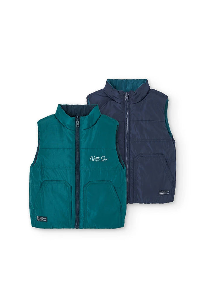 Boboli boys reversible gilet vest showing both green and navy sides laid flat.