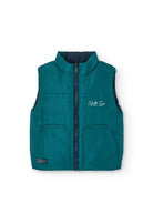 Front view of Boboli boys reversible gilet vest in green with zip fastening.