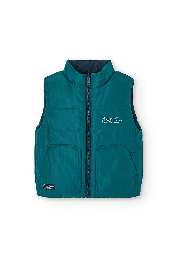 Front view of Boboli boys reversible gilet vest in green with zip fastening.