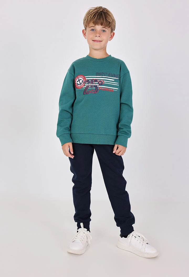 Boboli boys green cotton tracksuit set with matching sweatshirt and joggers – front view