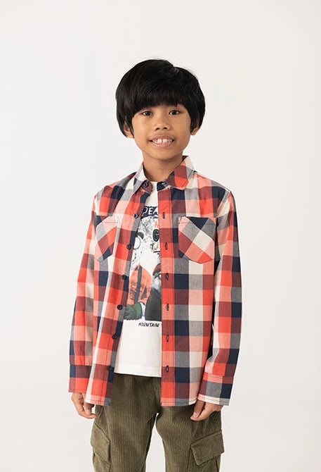 Boboli boys red, navy and white check cotton shirt styled open over a T-shirt