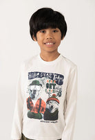 Boy wearing Boboli white animal print cotton top with mountain slogan
