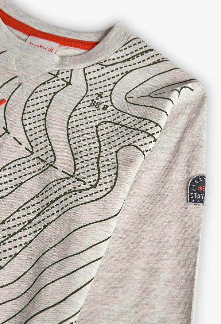 Close-up of map and coordinate print on Boboli Boys Beige Cotton Long Sleeve Top