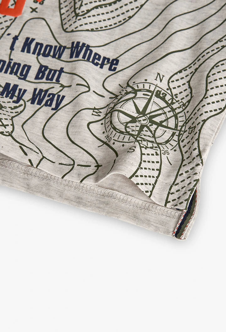 Detailed view of compass and text design on Boboli Boys Beige Map Print Top
