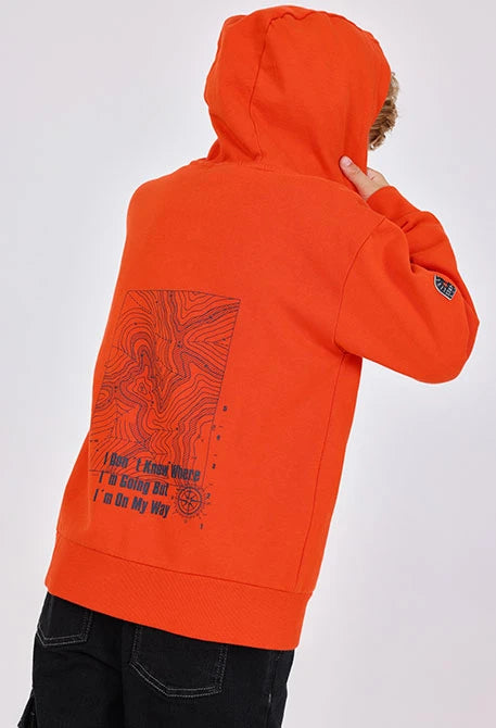 Boboli boys orange cotton hoodie with printed back – lifestyle view