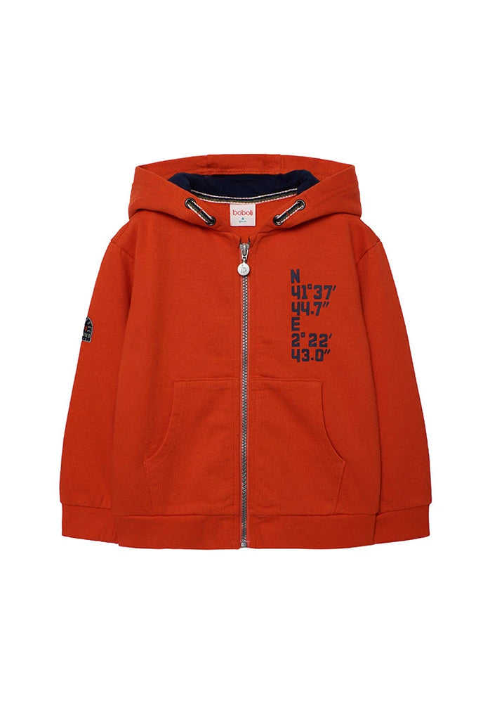 Boboli boys orange zip-up hoodie with kangaroo pocket – front flatlay
