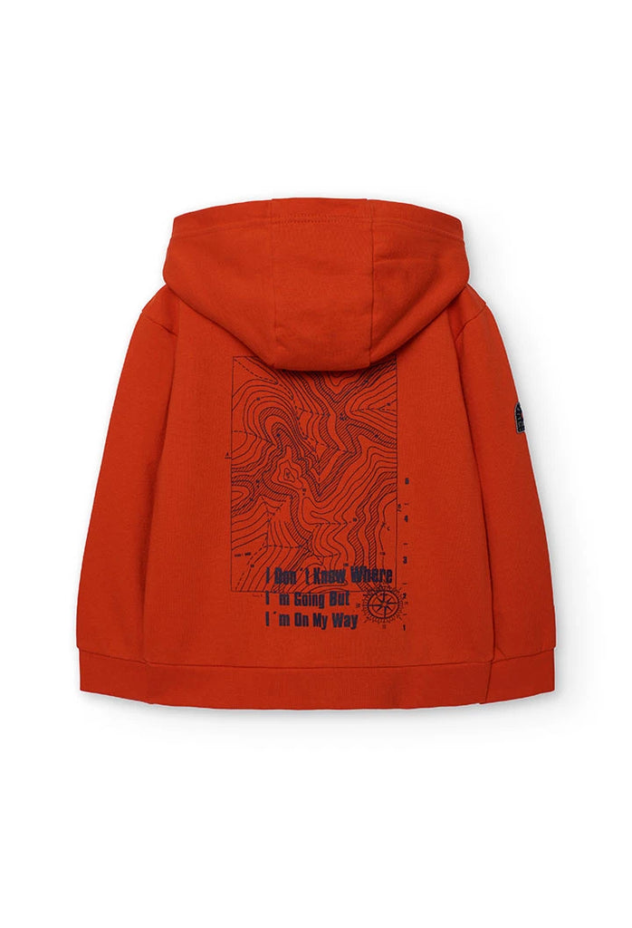 Boboli boys orange cotton hoodie showing back print – back flatlay