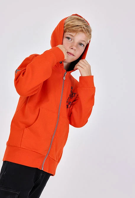 Boboli boys orange cotton zip hoodie with hood – front view