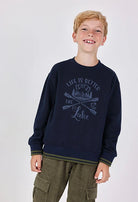 Boboli Boys Oar Motif Fleece Sweatshirt in navy – front view on boy aged 7-8 years.