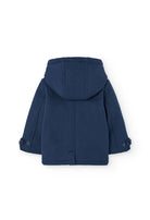 Back view of Boboli boys navy duffle coat showing hood and classic shape