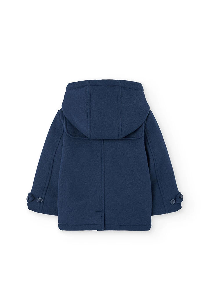 Back view of Boboli boys navy duffle coat showing hood and classic shape