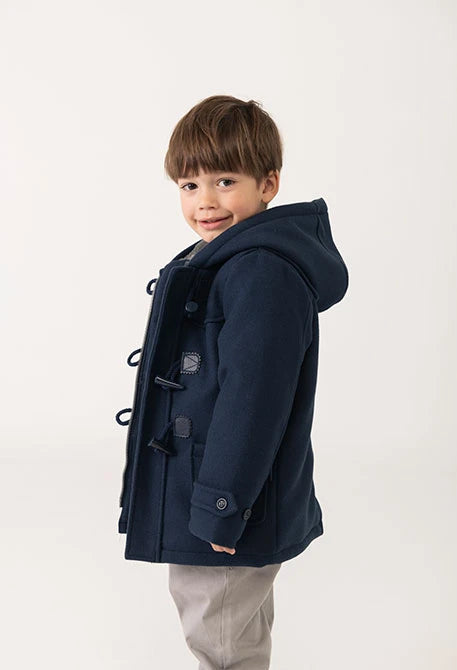 Boboli boys navy duffle coat styled on toddler model with hood and toggle detail