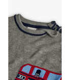 Close-up of Boboli boys bus motif jumper neckline with buttons